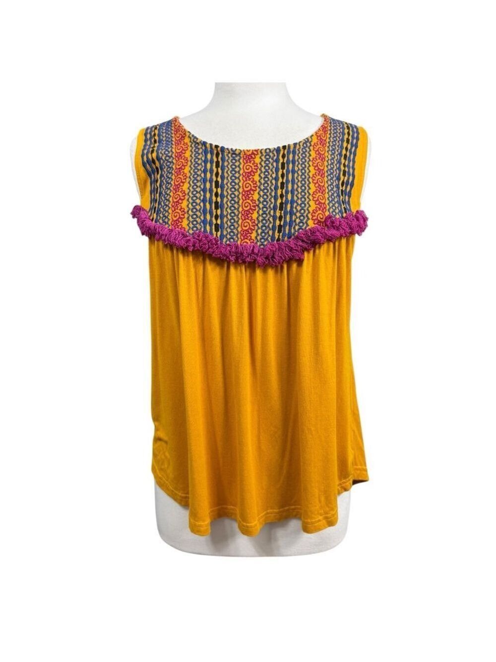 Hannah Size Large Mustard Yellow Sleeveless Tassel Boho‎ Top